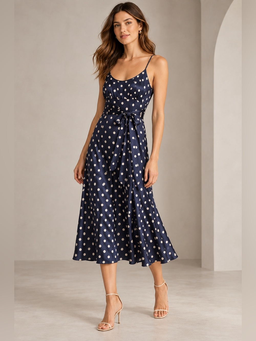 Vintage 90’s BCBG Paris 100% Silk Navy and White Polka Dot Midi Dress Size 8